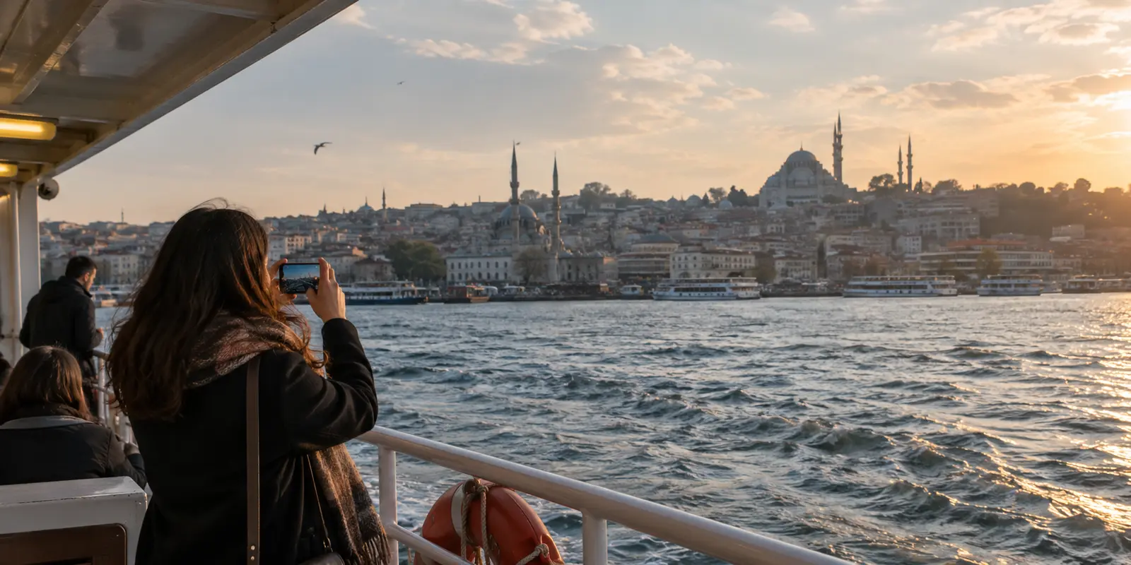 Passengers photograph Istanbul from a ferry on the Bosphorus