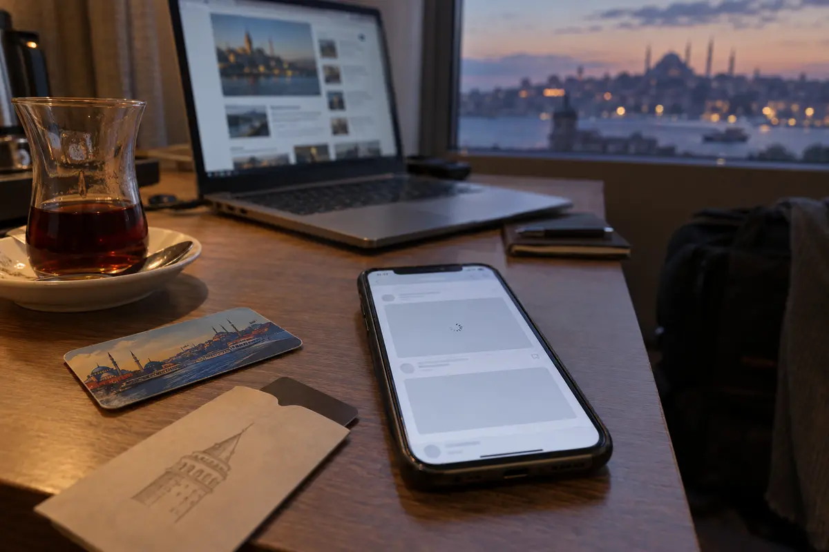 A social feed stalls on a phone while other web pages still load in an Istanbul hotel room