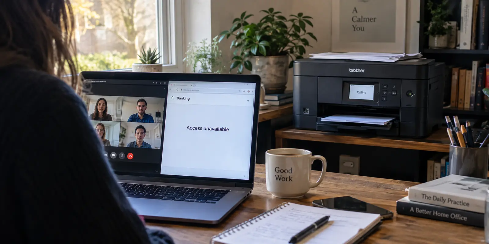 A home office laptop running a video call beside an unavailable banking page and an offline local printer