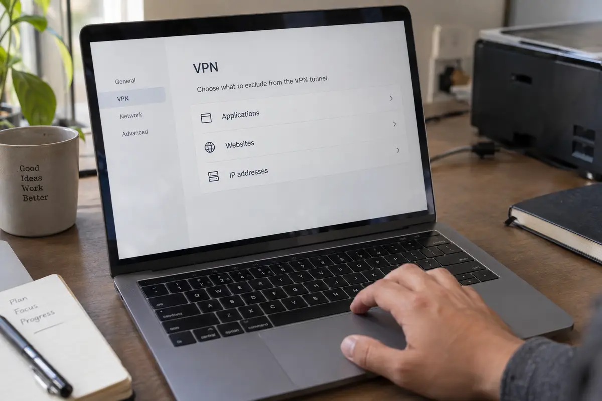 A laptop VPN settings panel offering separate rules for applications, websites, and IP addresses
