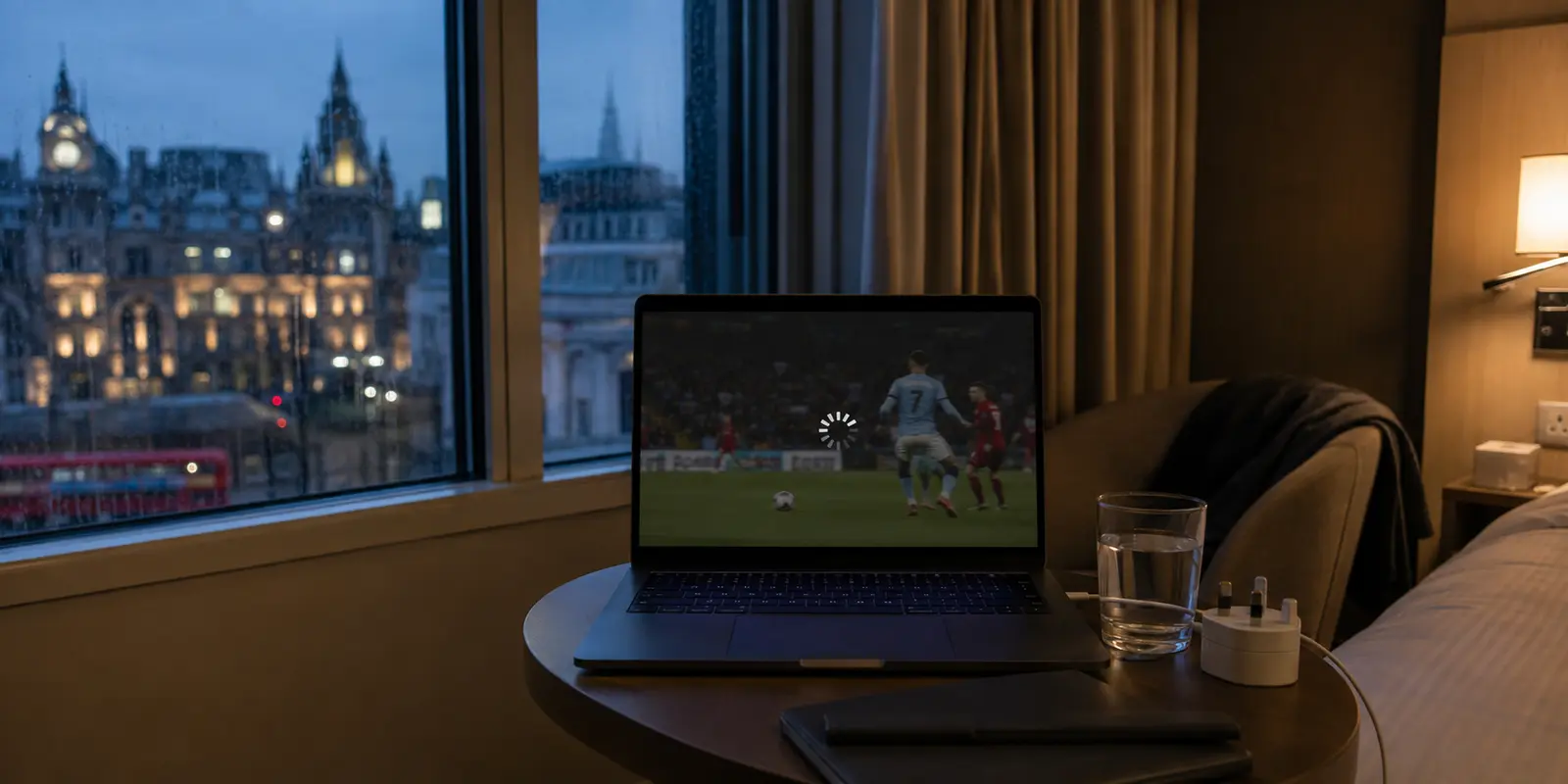Transmissão de futebol bloqueada no portátil de um quarto de hotel em Londres
