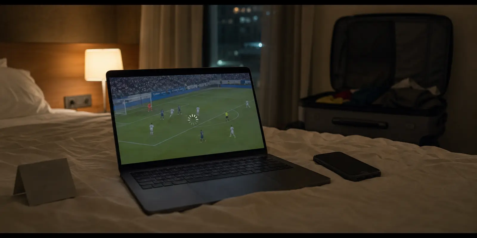 Jogo de futebol ao vivo travado no portátil sobre a cama de um hotel