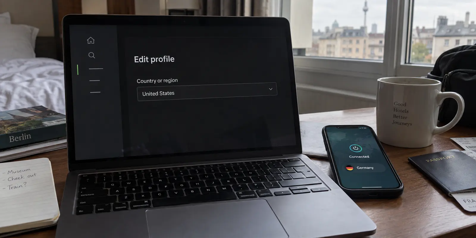 A hotel-room laptop still showing United States as the account country while a nearby phone is connected to a VPN in Germany