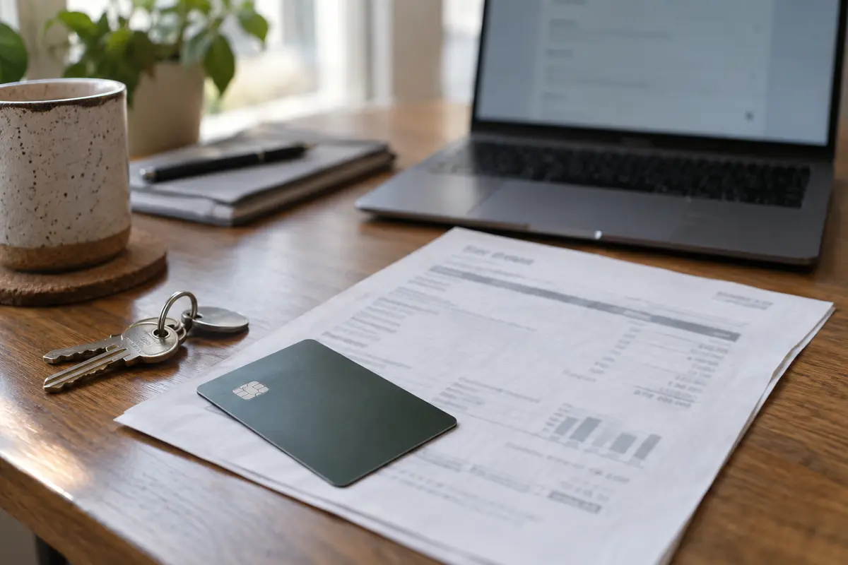 A local payment card resting on address paperwork beside a laptop