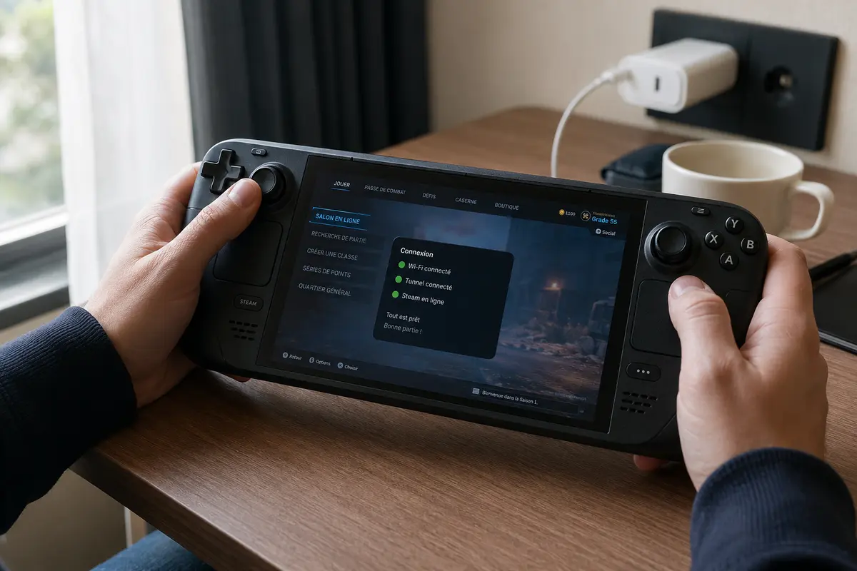 Après le réveil, un Steam Deck affiche le Wi-Fi et le tunnel connectés ainsi qu’un salon de jeu en ligne disponible.
