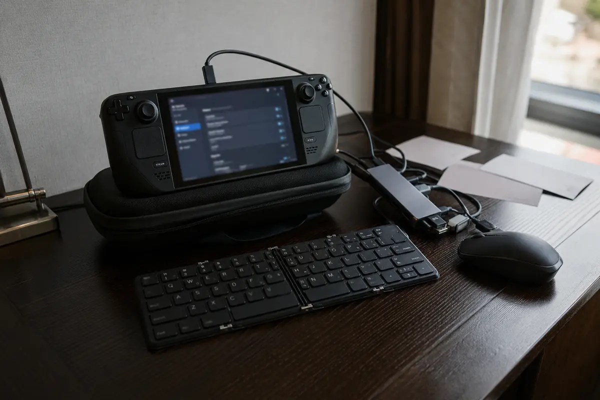 Steam Deck ligado a teclado, rato e hub para ajustar a rede no modo de ambiente de trabalho