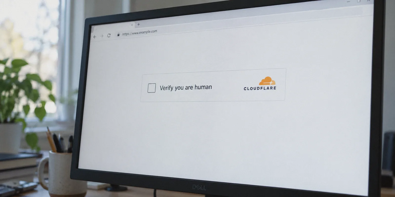Monitor displaying a browser human-verification challenge.