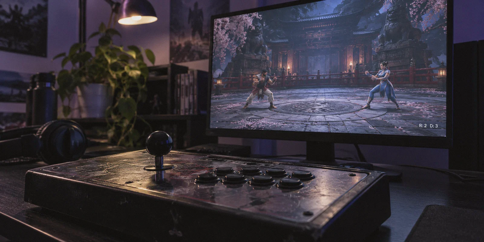 A fight stick and monitor during a fighting-game match.
