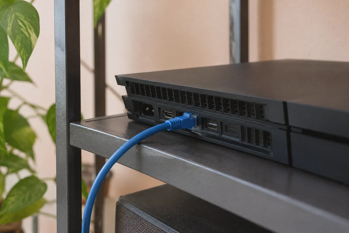 An Ethernet cable connected to a game console.