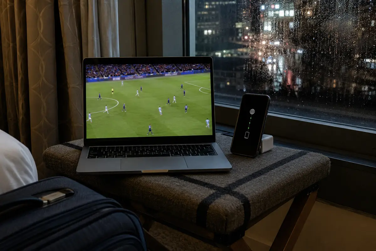 Laufender Fussballstream auf einem Laptop neben einem Smartphone-Hotspot im Hotel