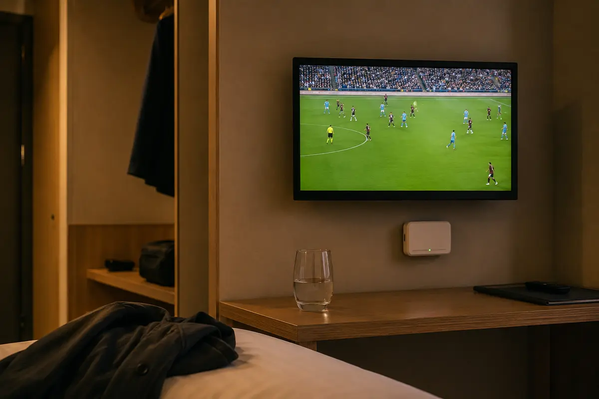 Jogo de futebol a decorrer novamente num ecrã de hotel junto ao ponto de acesso Wi-Fi