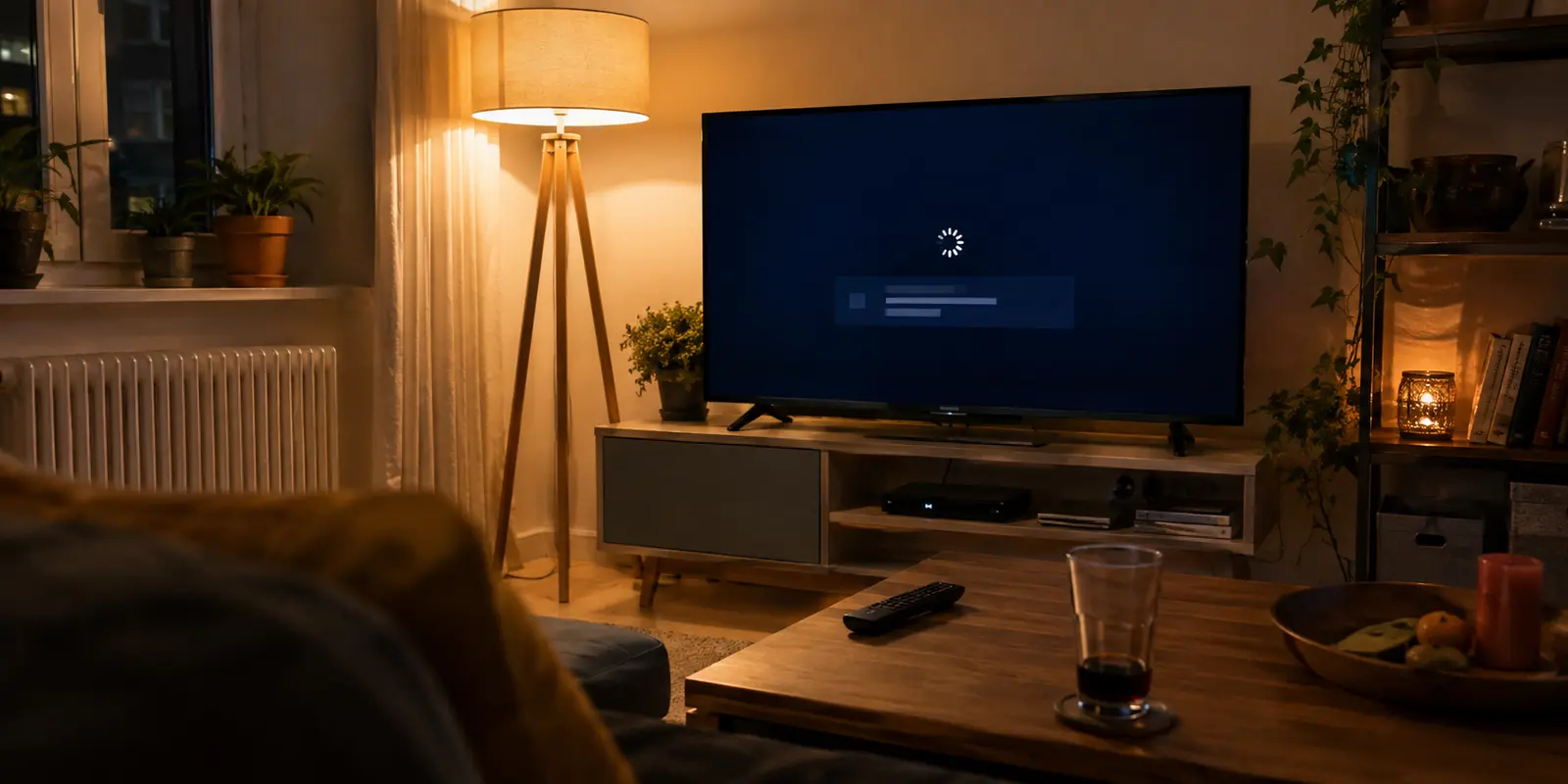 Streaming-Player mit Ladefehler in einem deutschen Wohnzimmer am Abend