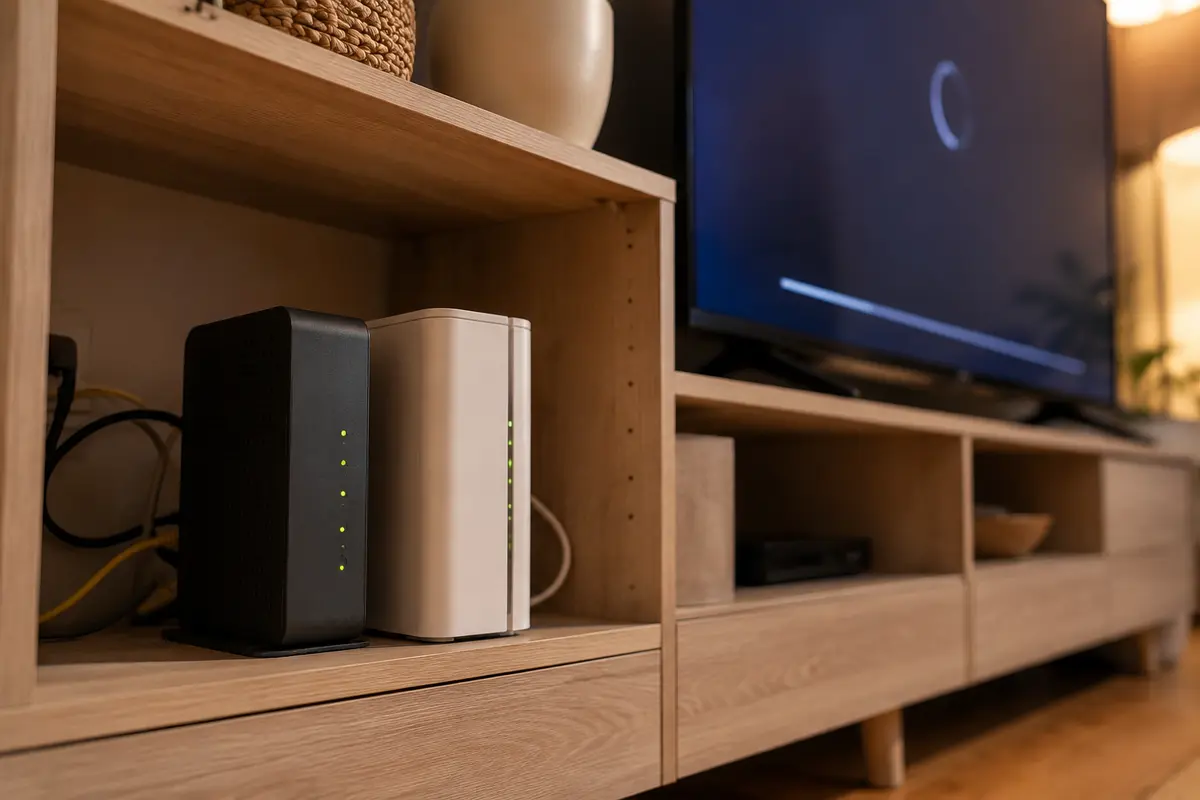 Modem und Router mit normaler Verbindung vor einem weiterhin ladenden Fernseher