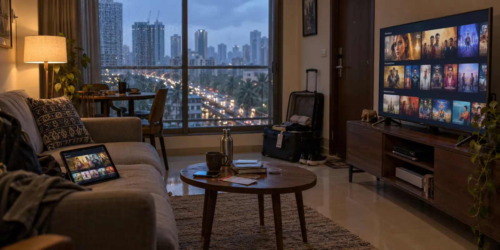 A changed streaming catalog appears after a traveler arrives in rainy Mumbai