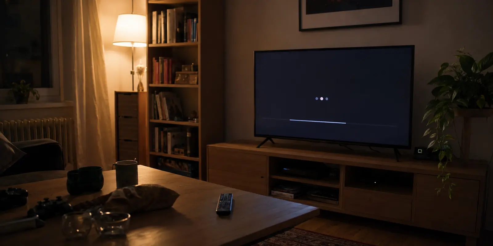 Fernseher in einem Wohnzimmer, auf dem ein Stream beim Laden hängen bleibt