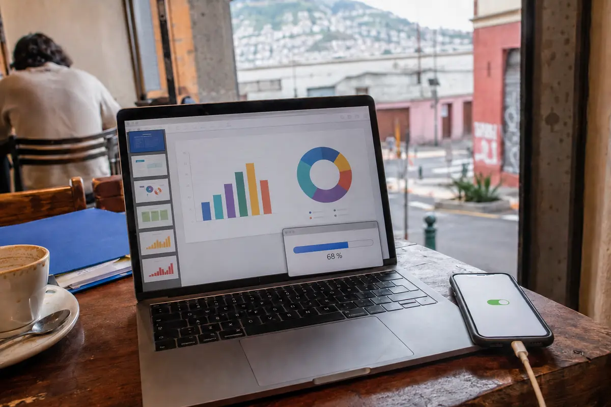 Una presentación continúa subiendo desde una cafetería de Quito mientras el teléfono comparte conexión