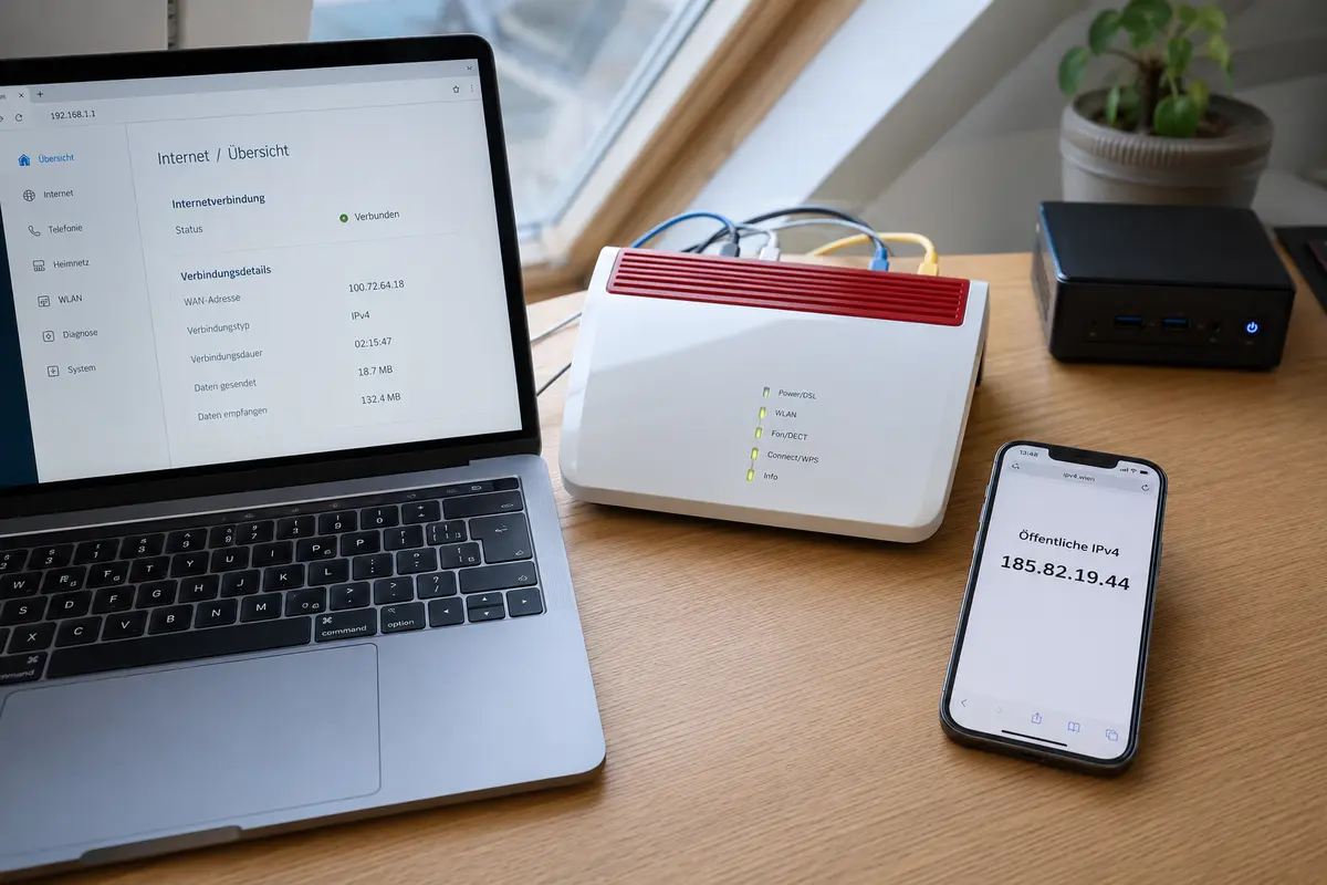 Vergleich zwischen der WAN-Adresse des Heimrouters und der abweichenden öffentlichen IPv4-Adresse