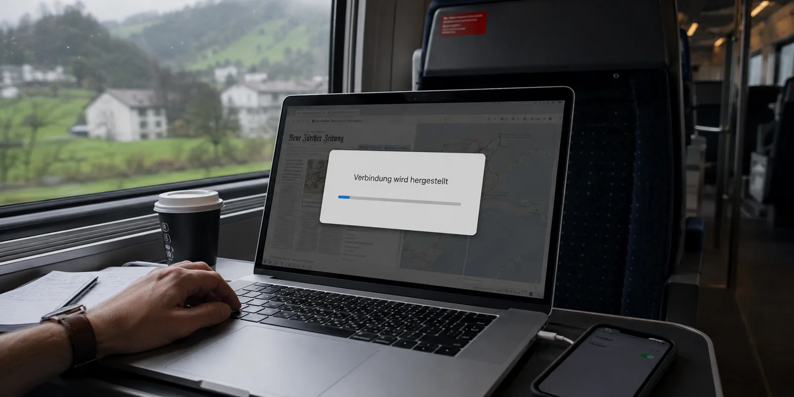 Firmen-Laptop im Zug, dessen VPN-Verbindung über einen Smartphone-Hotspot hängen bleibt.