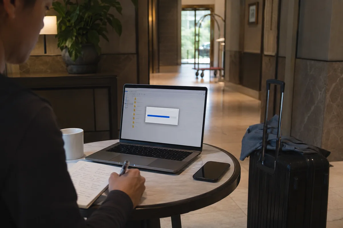 Laptop lädt in einer Hotellobby eine Datei, während ein Smartphone den mobilen Zugang bereitstellt.