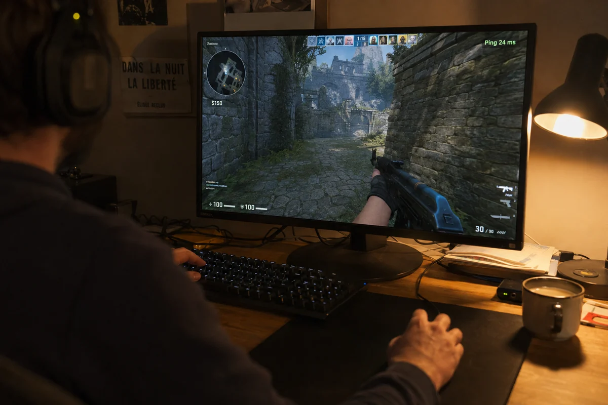 Joueur concentré sur une partie stable sans fenêtre de benchmark ou de VPN ouverte