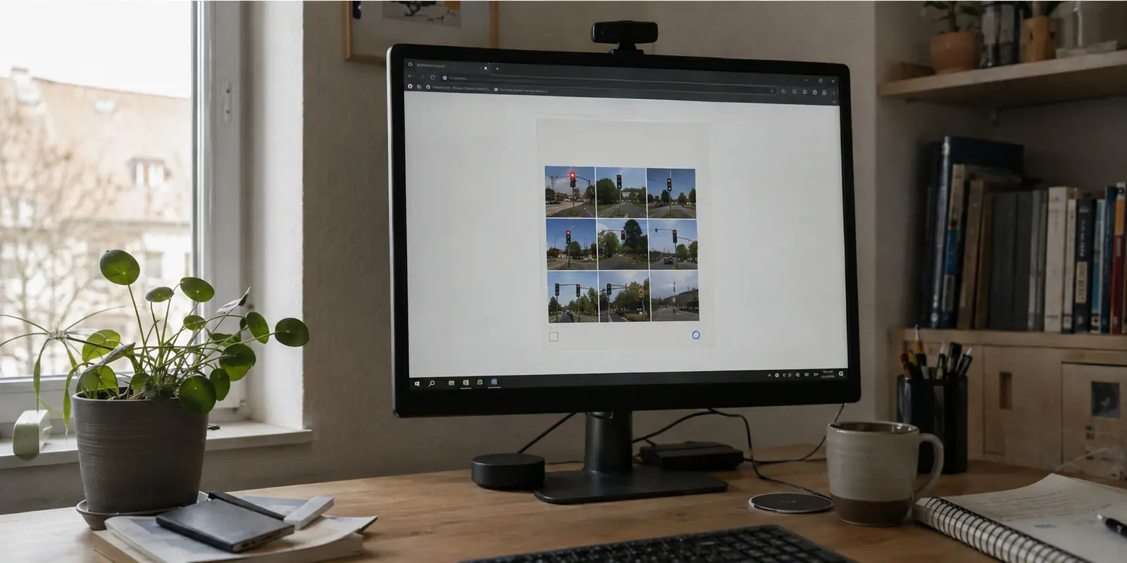 Monitor im Homeoffice mit einer wiederholten Bilderprüfung aus Ampelmotiven