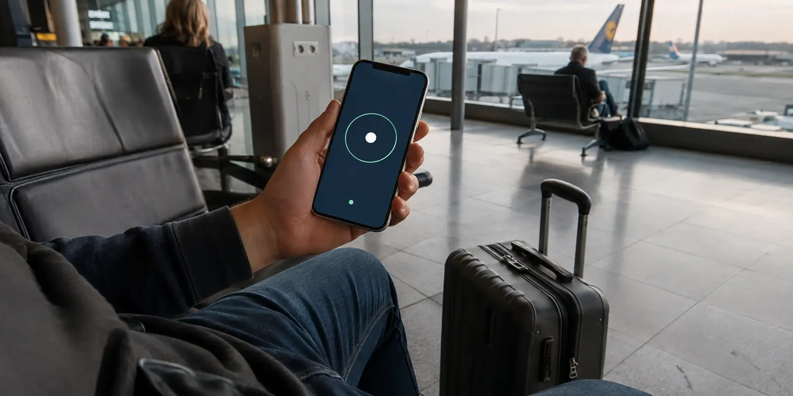 Ein Reisender am Flughafen mit einer bereits verbundenen VPN-App auf dem Smartphone