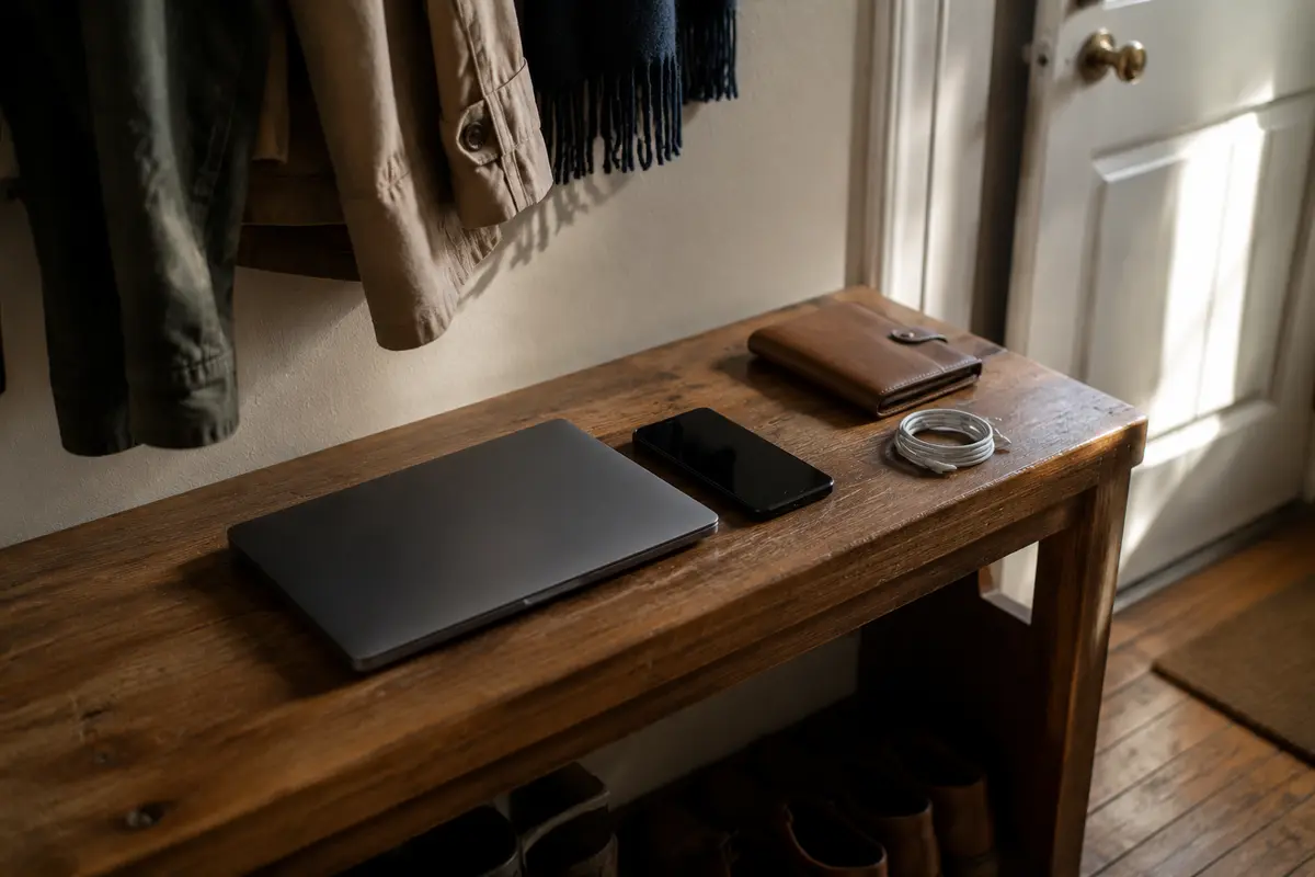 Ein Smartphone und ein Laptop liegen vor der Reise gemeinsam im Eingangsbereich bereit