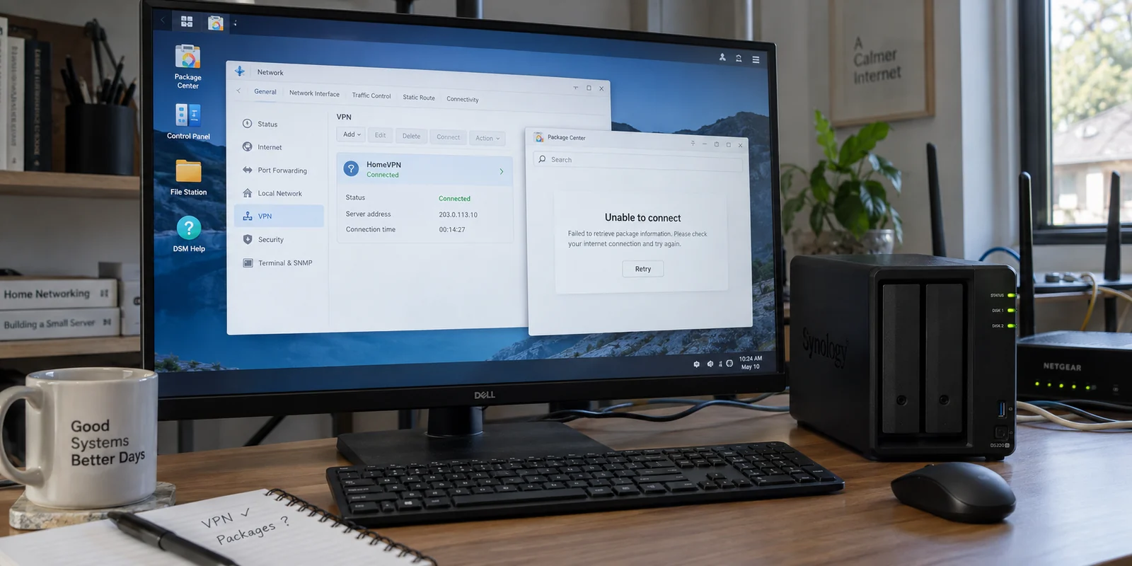 A Synology NAS dashboard showing a connected VPN while Package Center cannot connect.