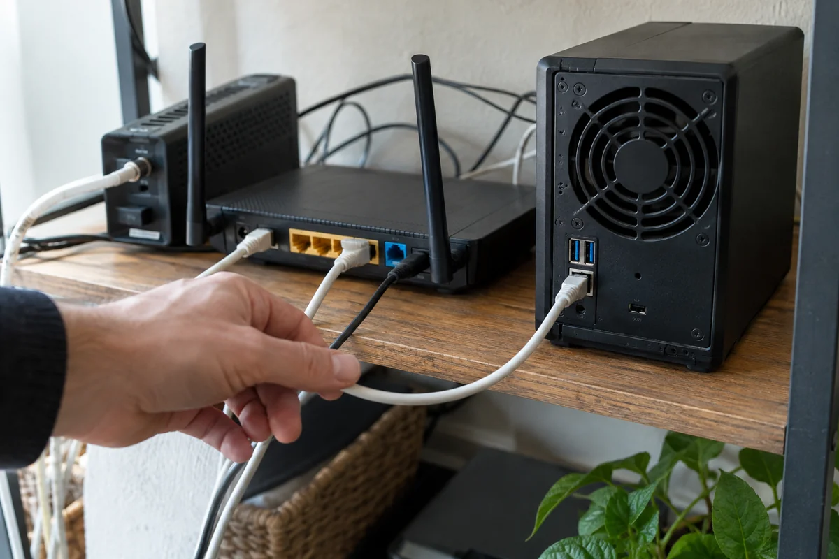A home NAS connected by Ethernet to a router and modem on a network shelf.