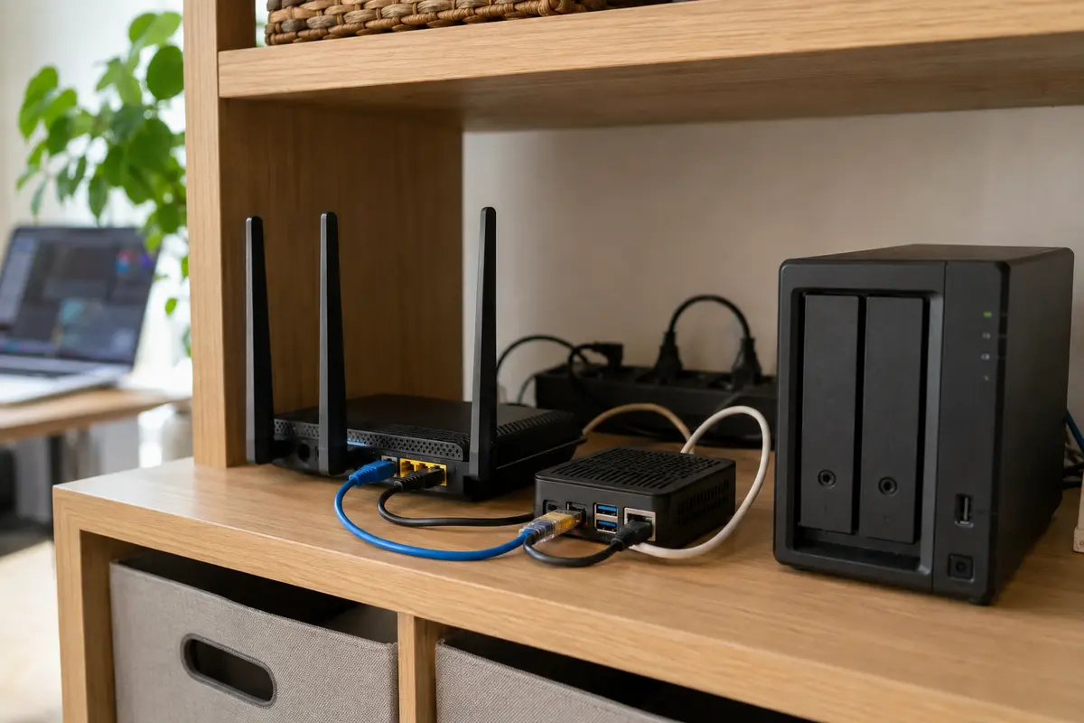Kleiner Subnet Router zwischen dem WLAN-Router und dem NAS in einem Heimnetz.