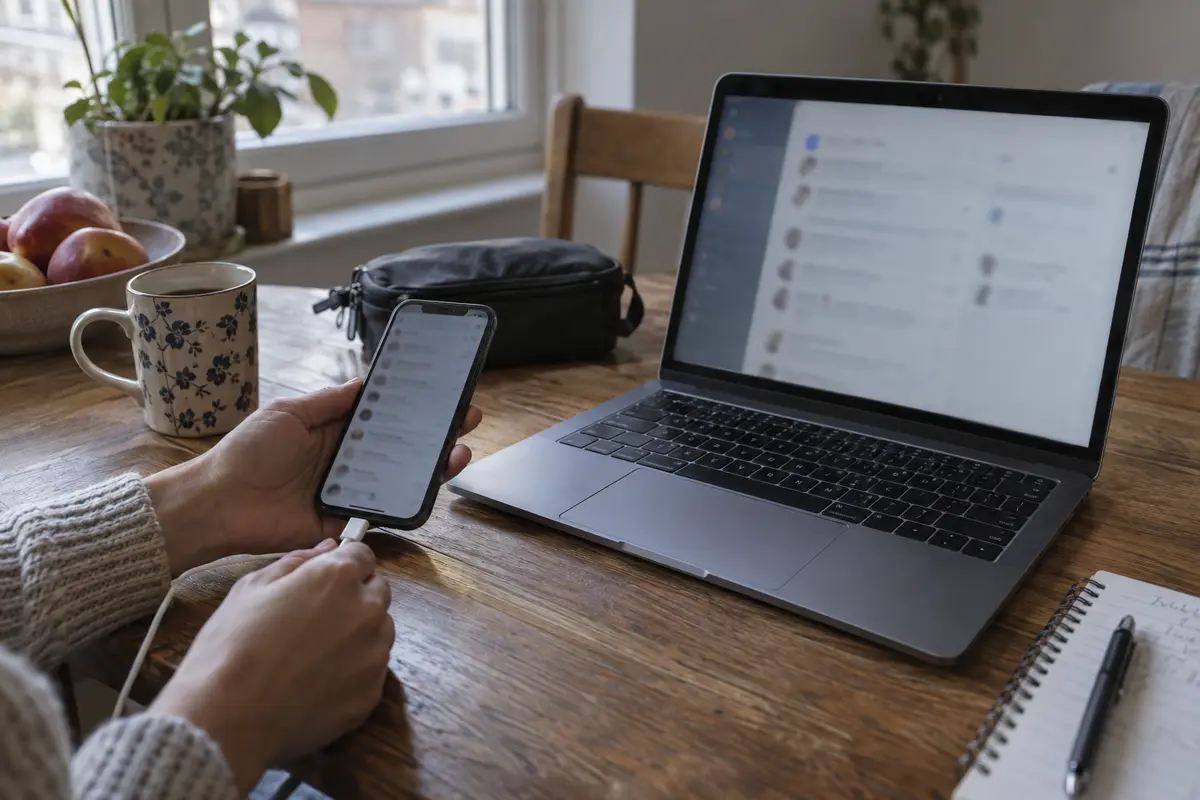 A phone and laptop kept signed in to the same messaging account before travel