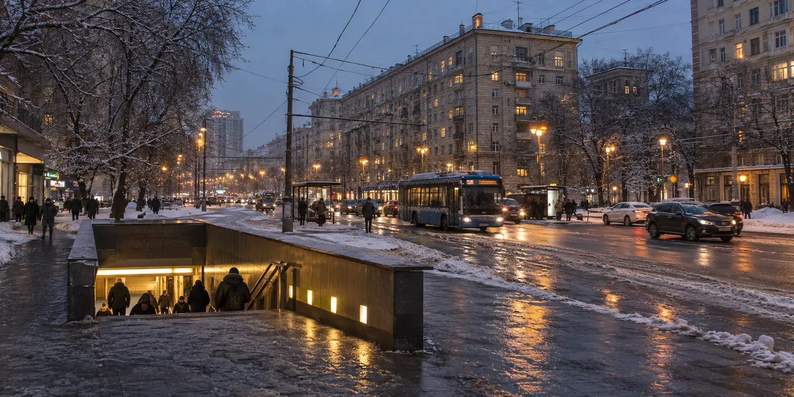 A snowy Moscow residential boulevard and metro entrance at blue hour