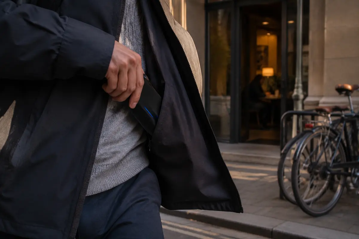 Un téléphone verrouillé glisse dans une poche pendant que son transfert doit continuer en arrière-plan.