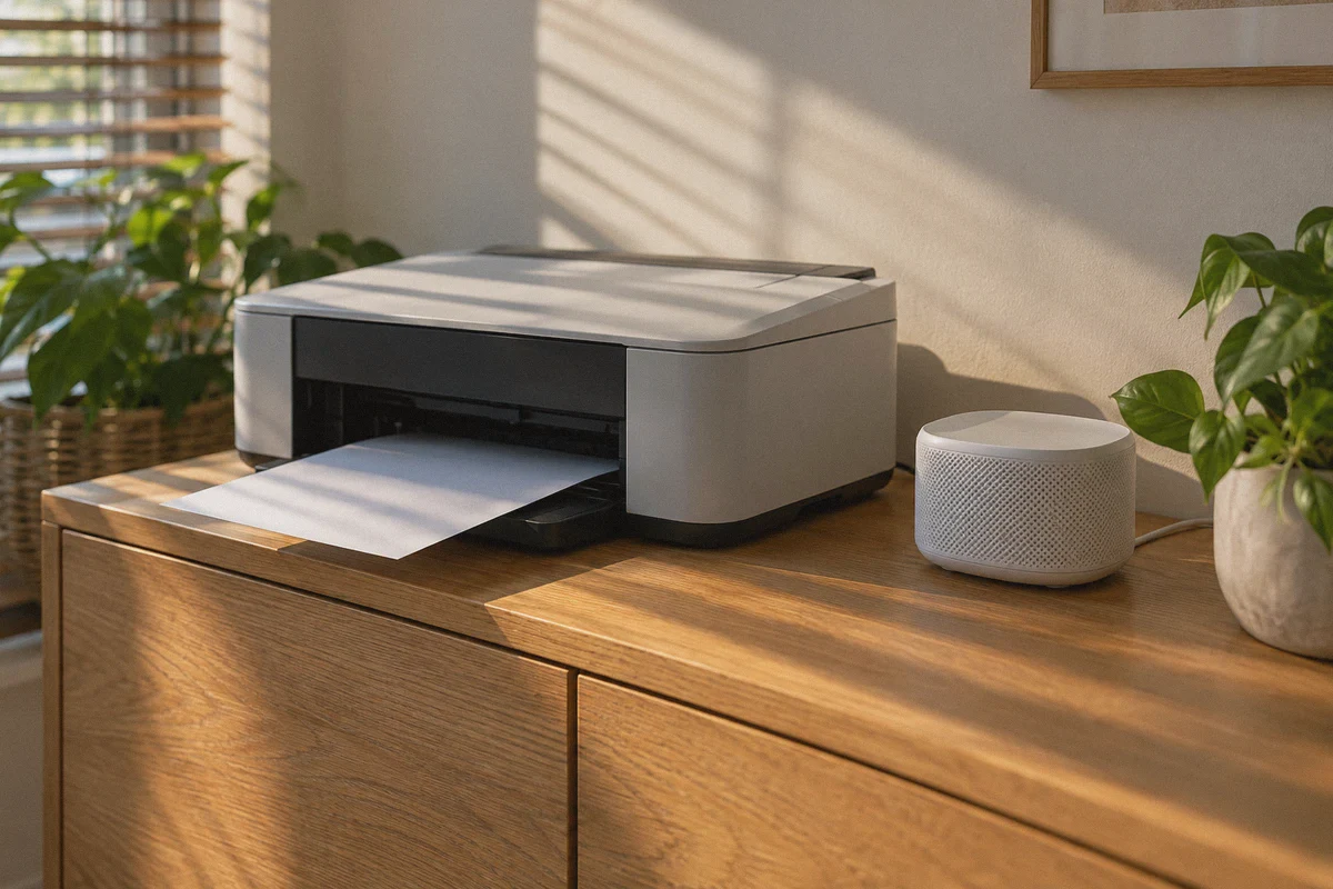Home printer and mesh access point on an oak cabinet.