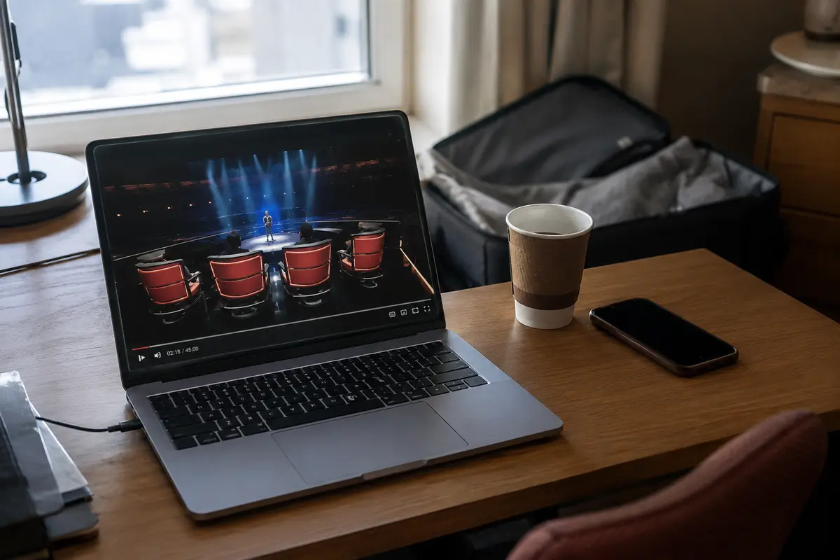Le replay joue depuis plusieurs minutes sur l’ordinateur posé près du café et de la valise ouverte