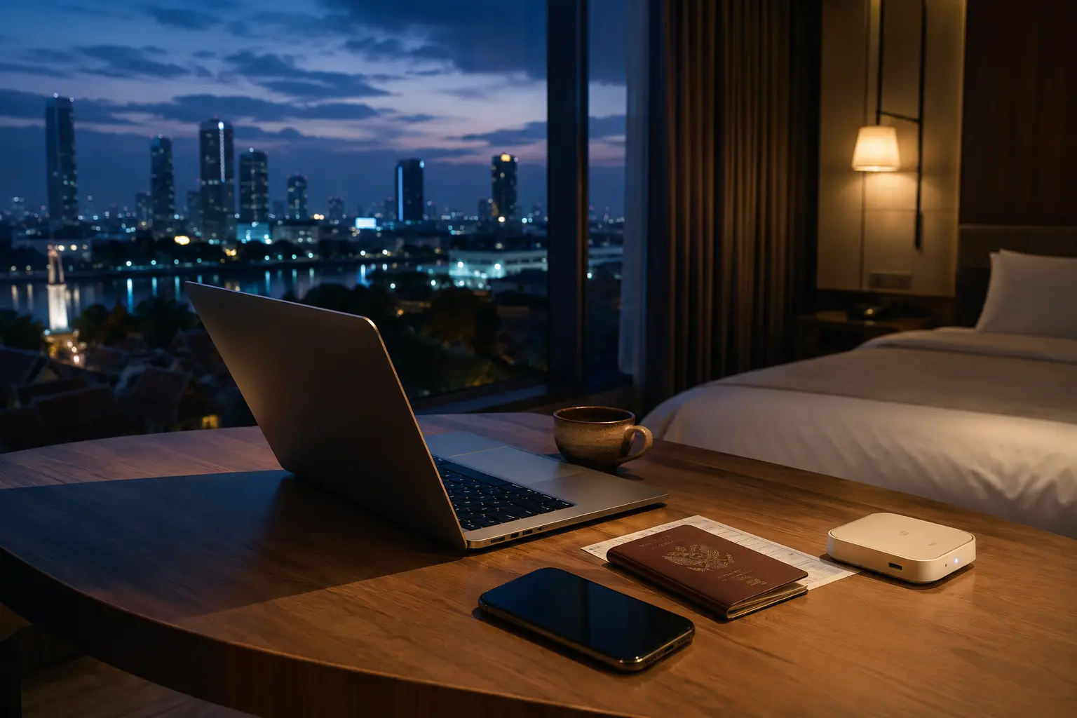 Travel desk with laptop, phone, passport, and compact router in a Thailand hotel room