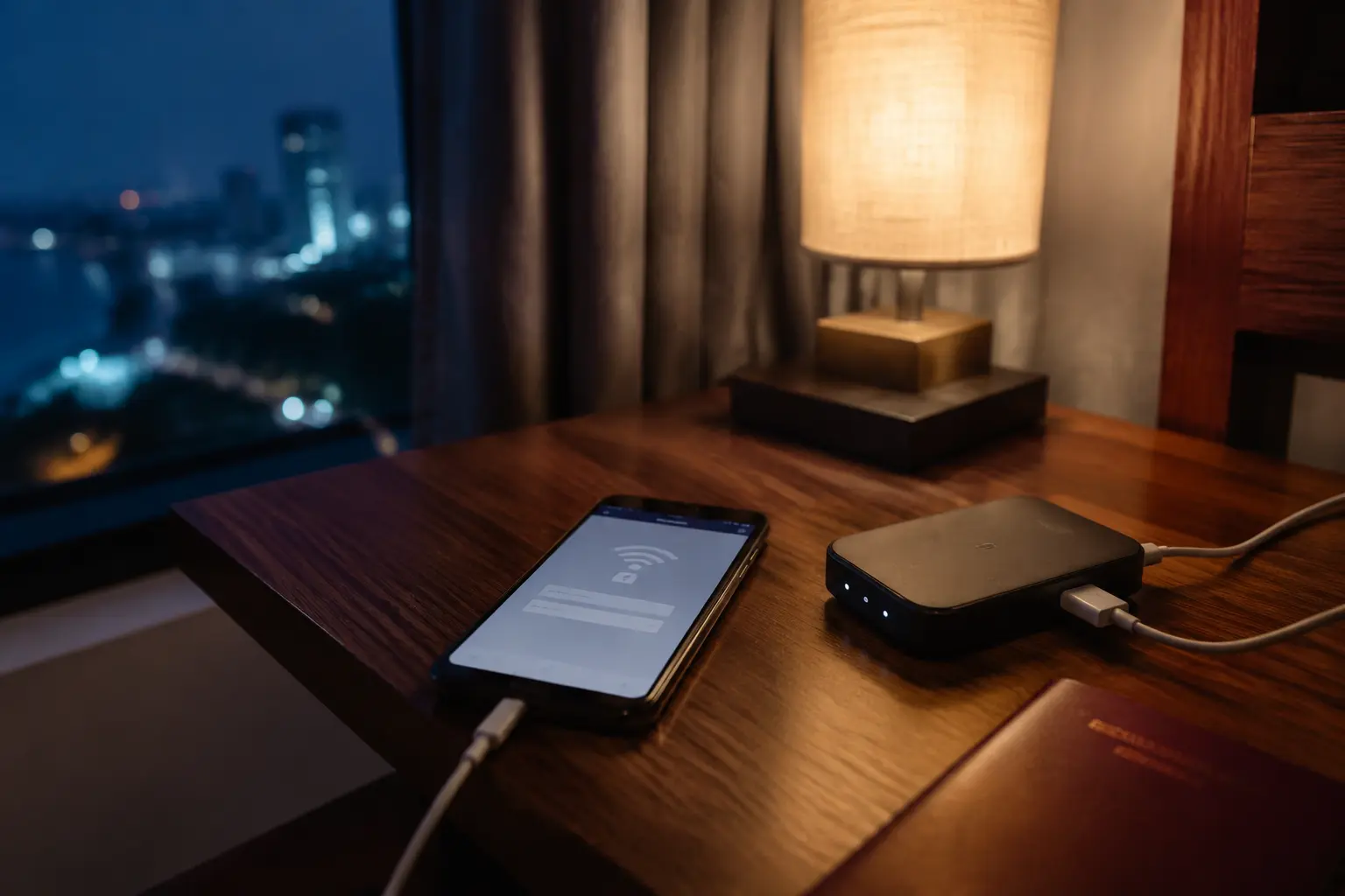 Phone, router, and passport on a hotel desk by a night window