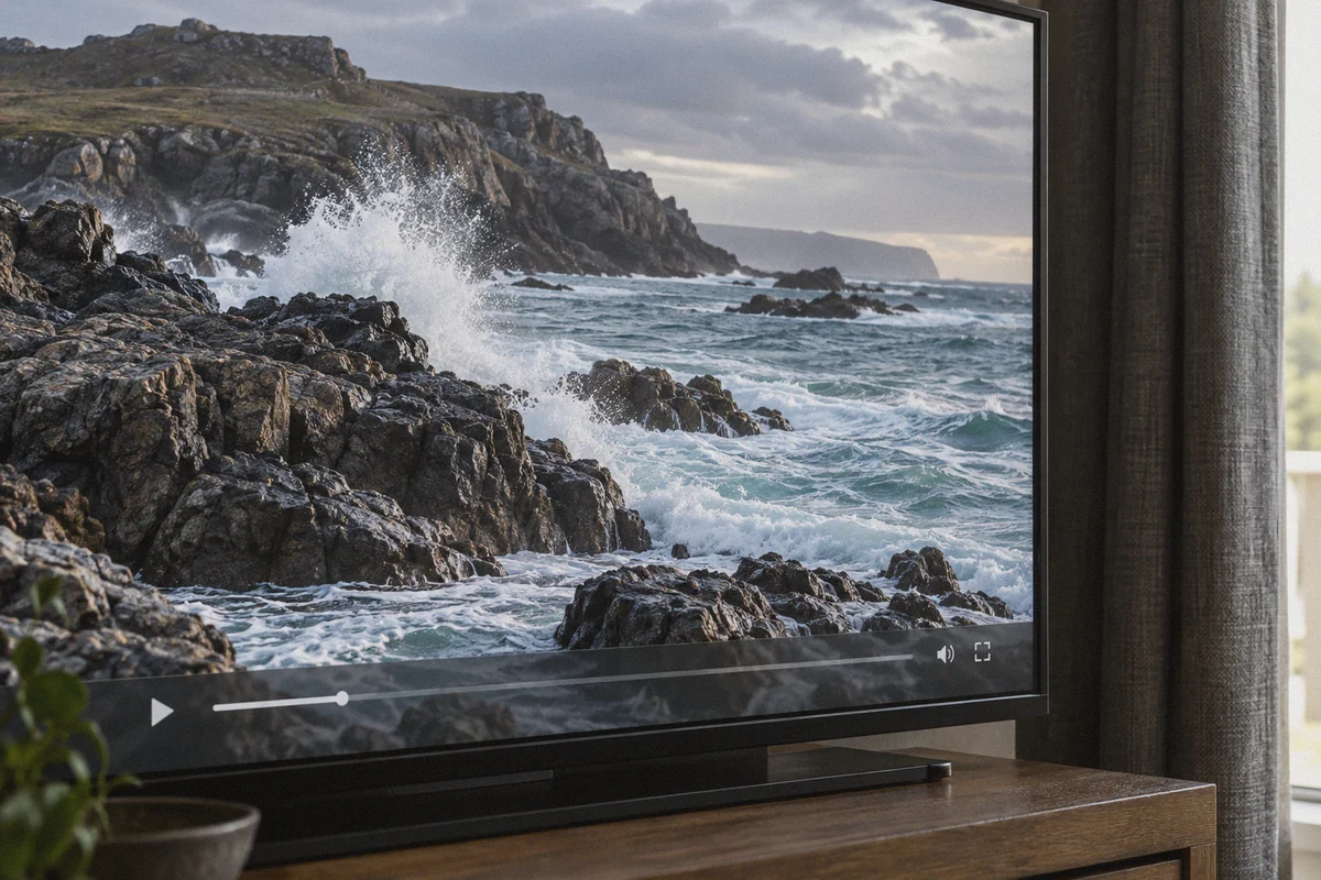 Fine coastal detail in a video on a television screen.