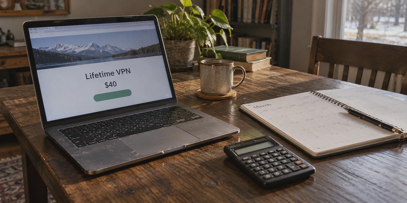 A lifetime VPN offer beside a household budget planner.