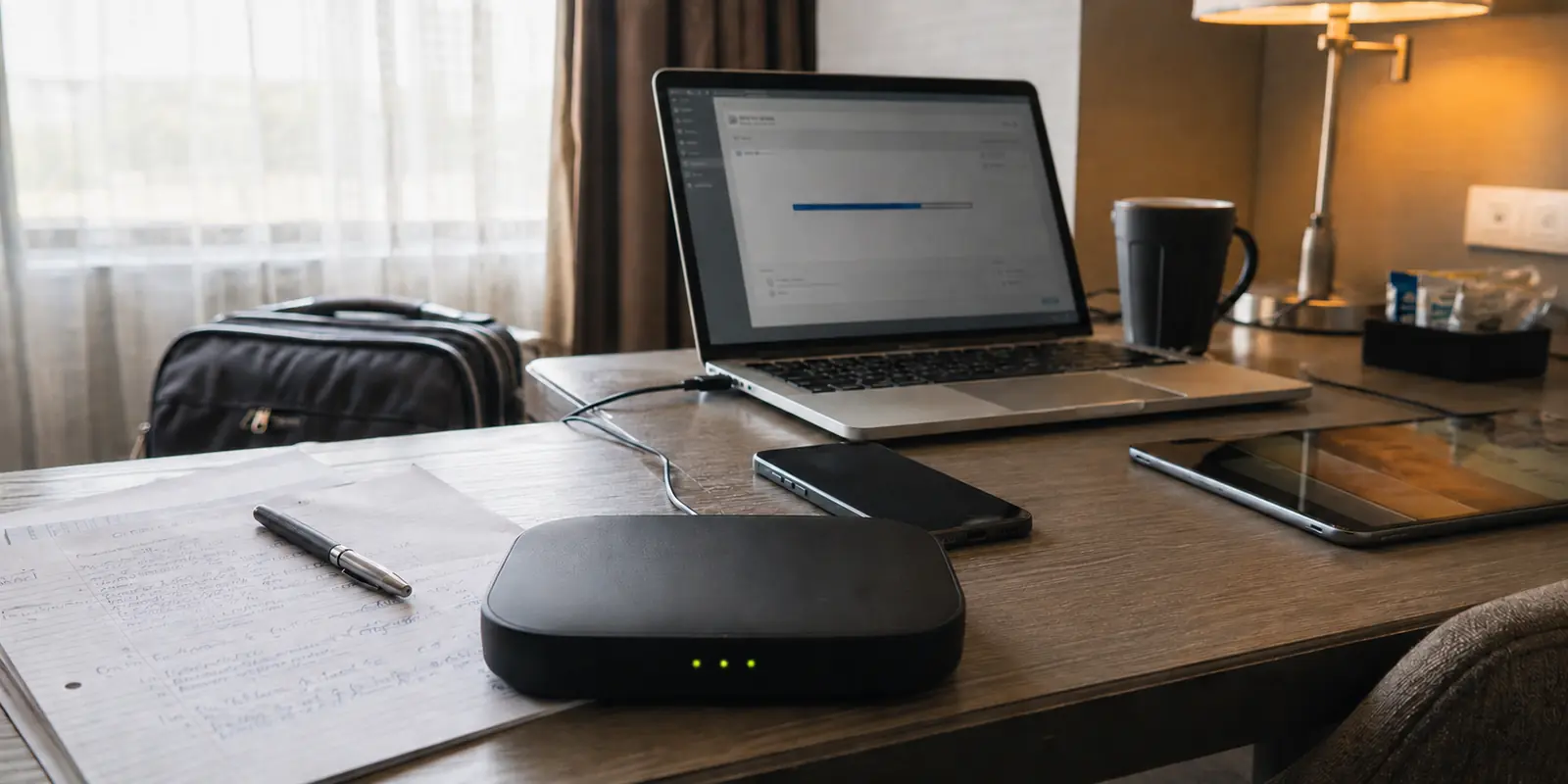 A travel router with three green lights sits before a laptop whose file upload has stalled on a hotel desk