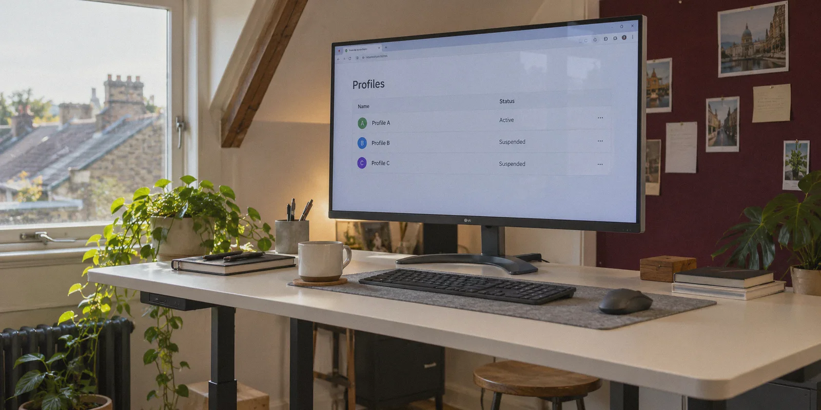Browser profile manager showing suspended profiles on an office monitor.