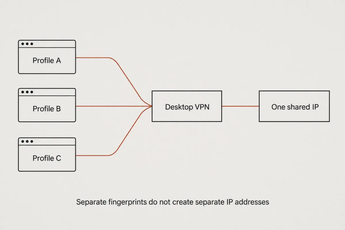 Three browser profiles converging through one desktop VPN to one shared IP.