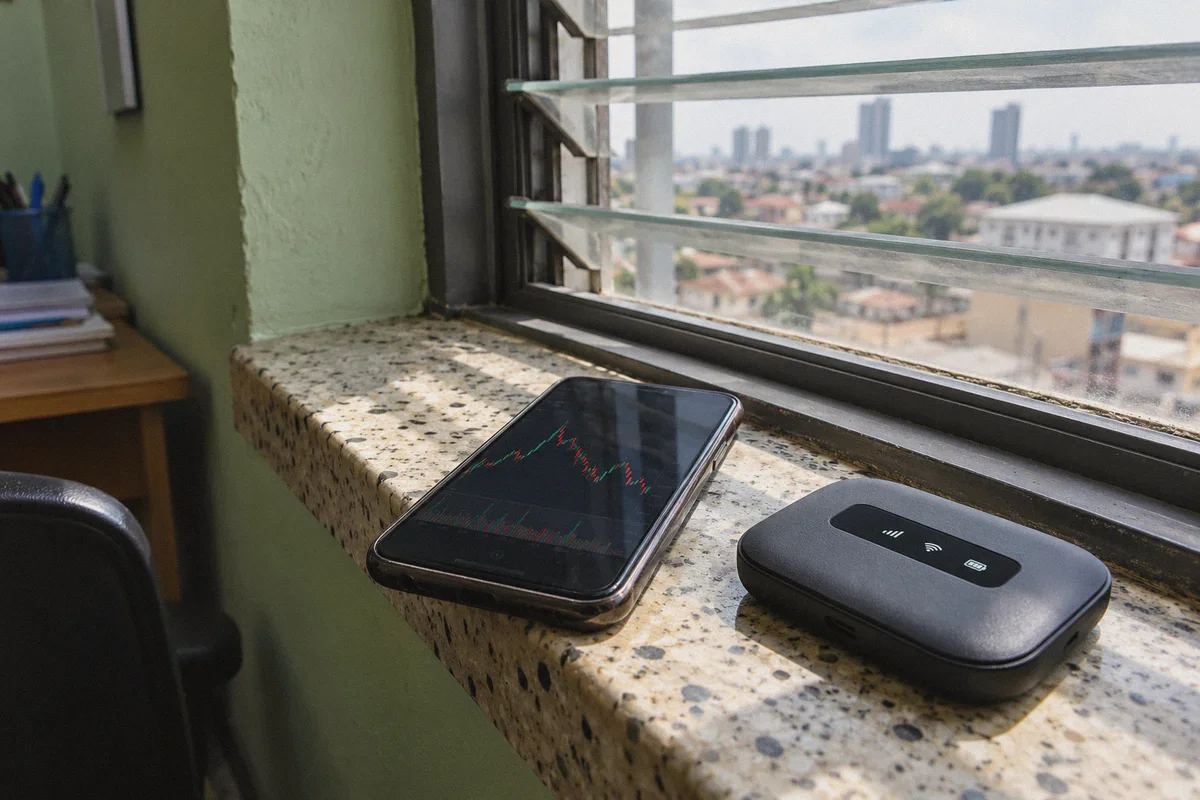 A phone and cellular hotspot beside an office window.