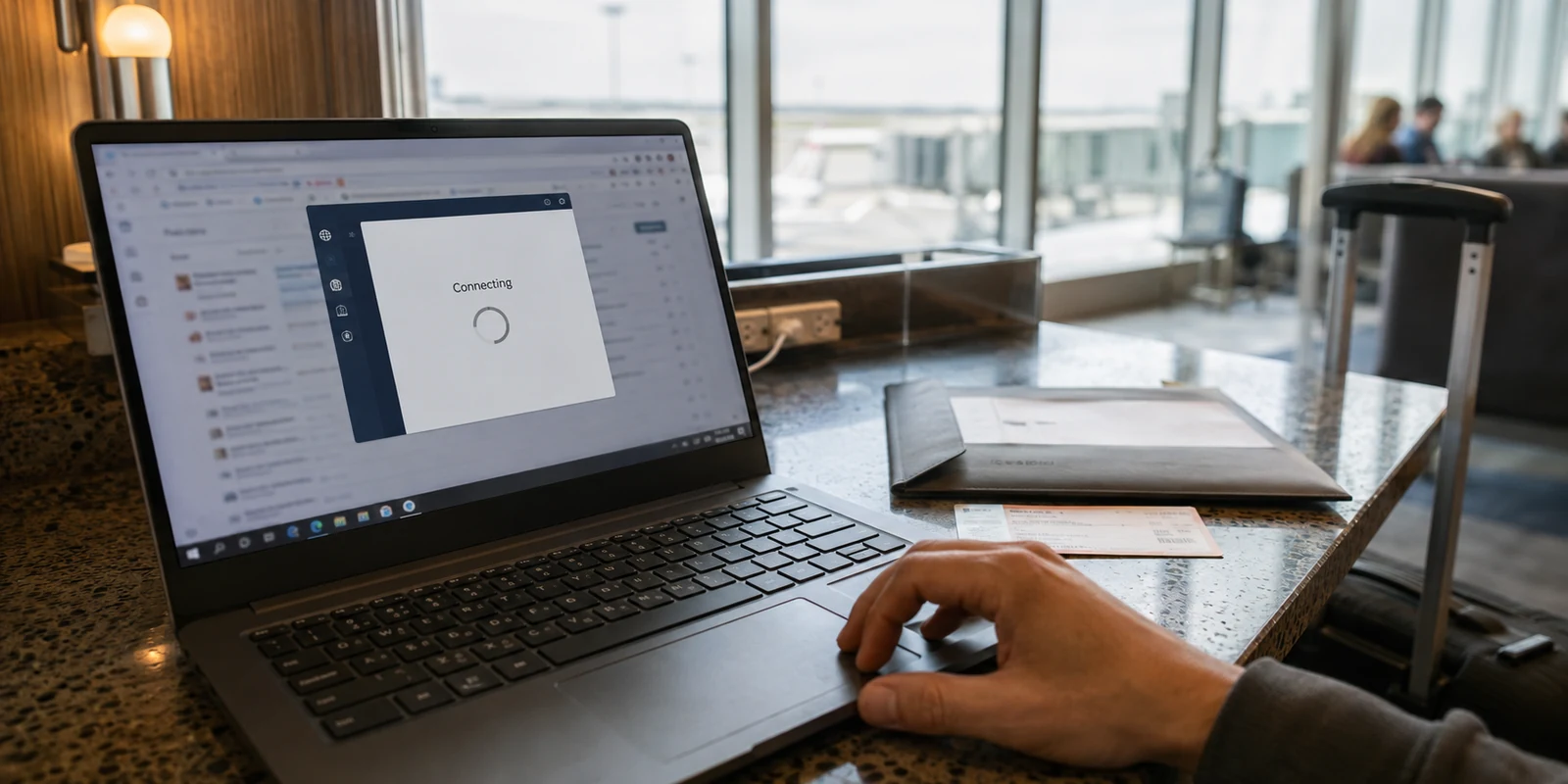 A Windows laptop in an airport lounge remains stuck on Connecting while a signed client contract waits beside it