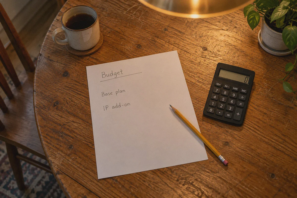 A worksheet listing the base subscription and IP add-on separately.