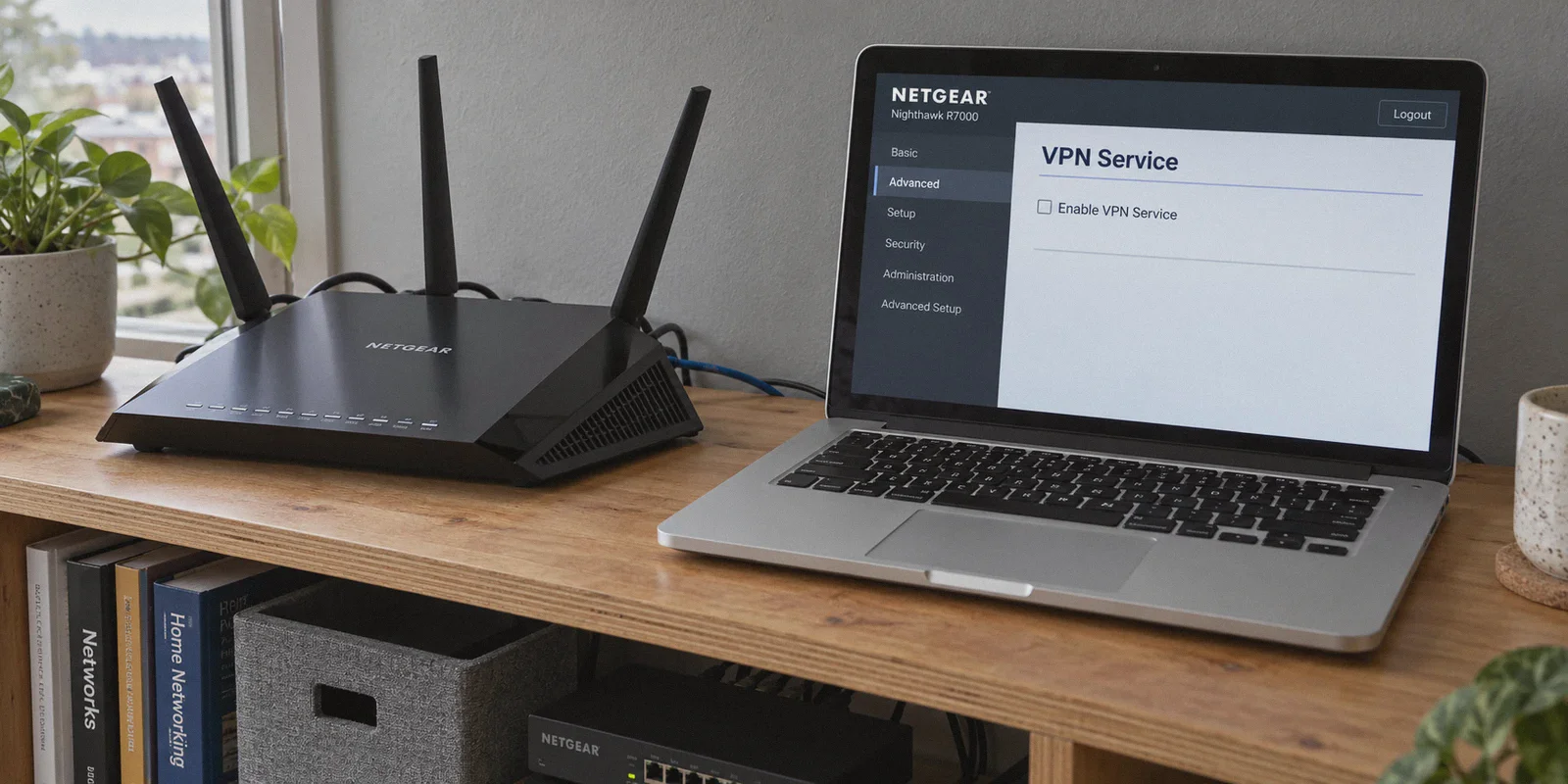 A Nighthawk-style router beside its VPN Service settings page.
