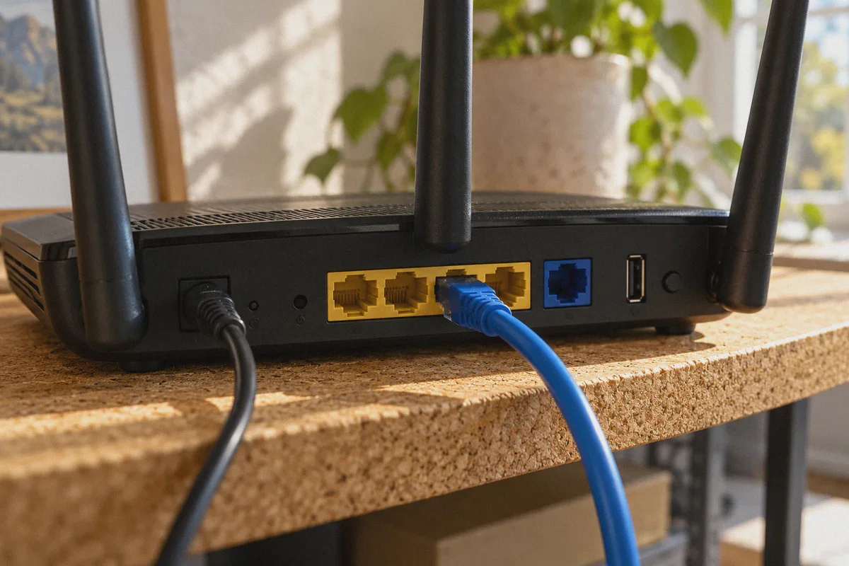 Ethernet and power connections on the back of a home router.