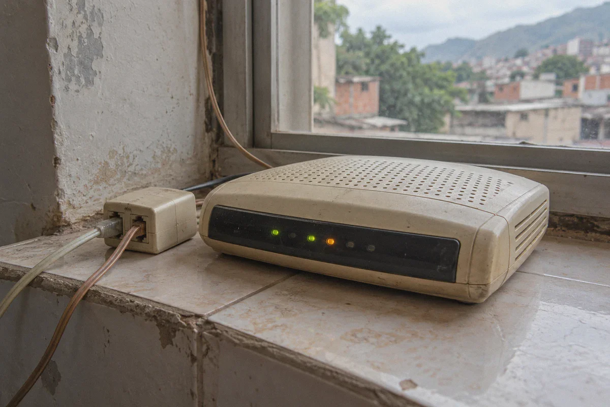 A DSL modem and telephone splitter beside a window.