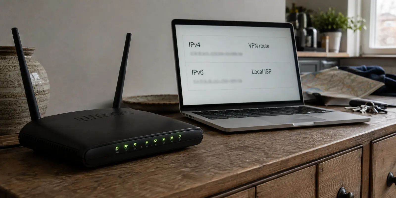 A router with green status lights beside a laptop showing a VPN IPv4 route and a local ISP IPv6 result