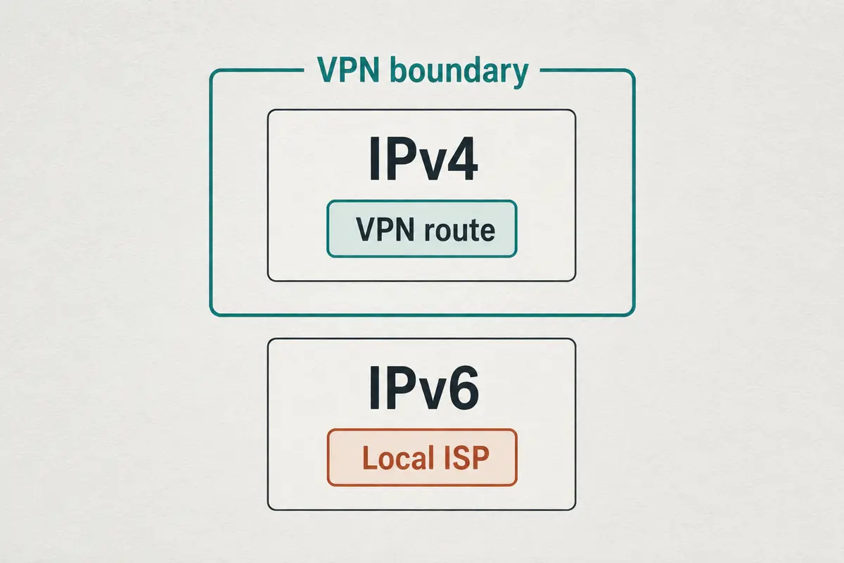 Diagnostic comparison showing IPv4 inside the VPN boundary while IPv6 remains outside on the local ISP